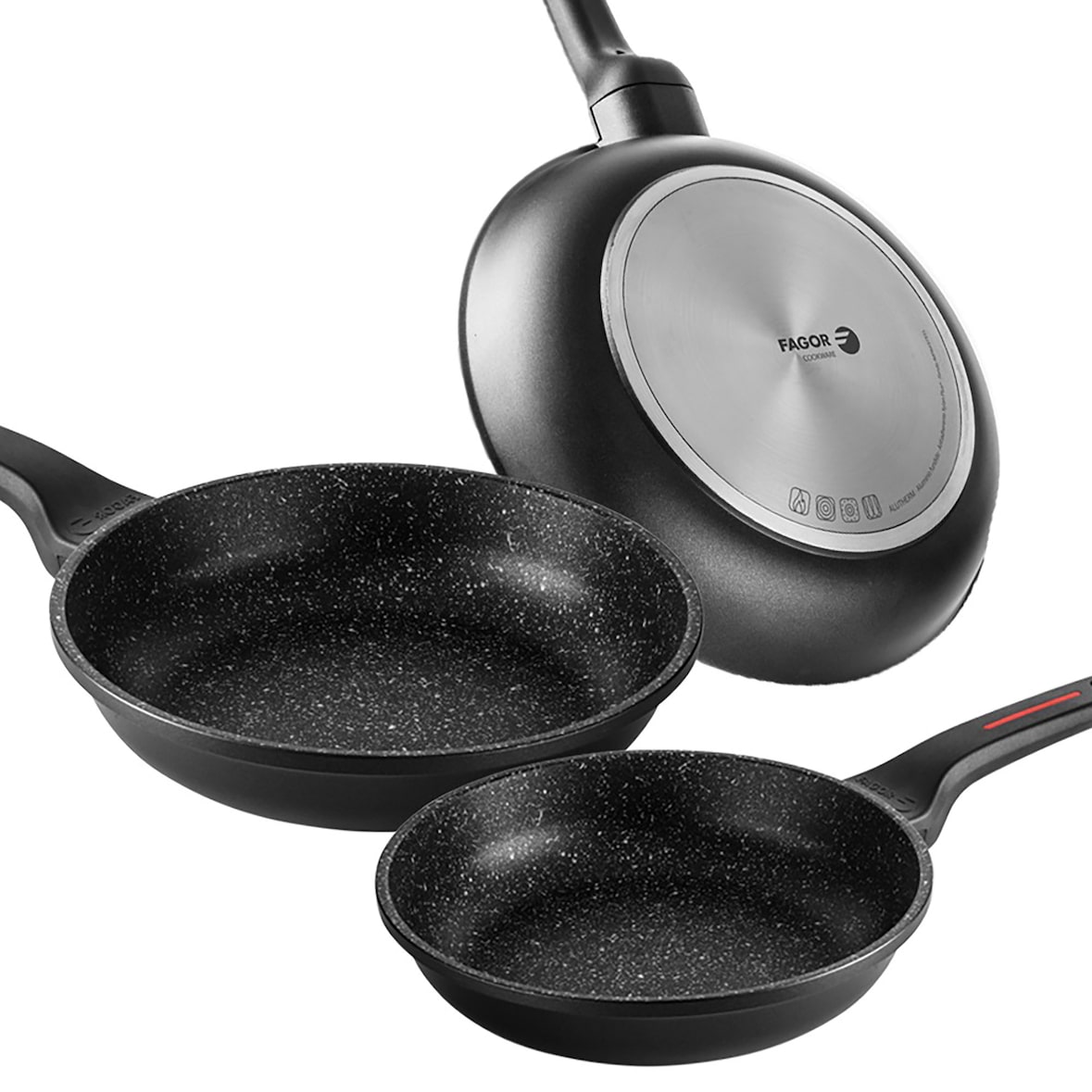 FAGOR Alutherm Set 3 Sartenes 18-20-24 cm Inducción, Aluminio Fundido, Antiadherente XYLAN Ecológico sin PFOA, Negro