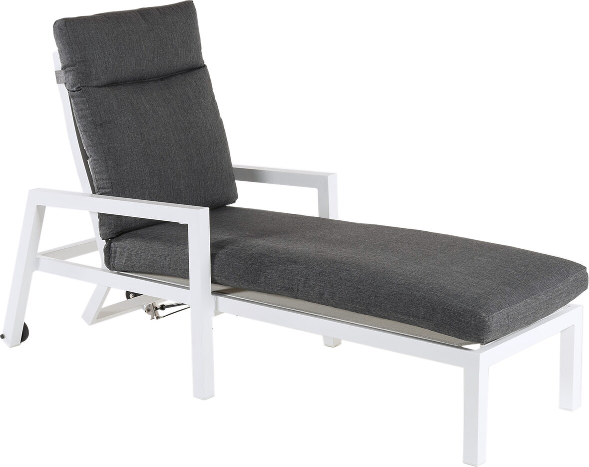 Tumbona de jardín reclinable con ruedas, Aluminio reforzado color blanco, Cojín grueso color gris oscuro, Tamaño: 68x220x40 cm