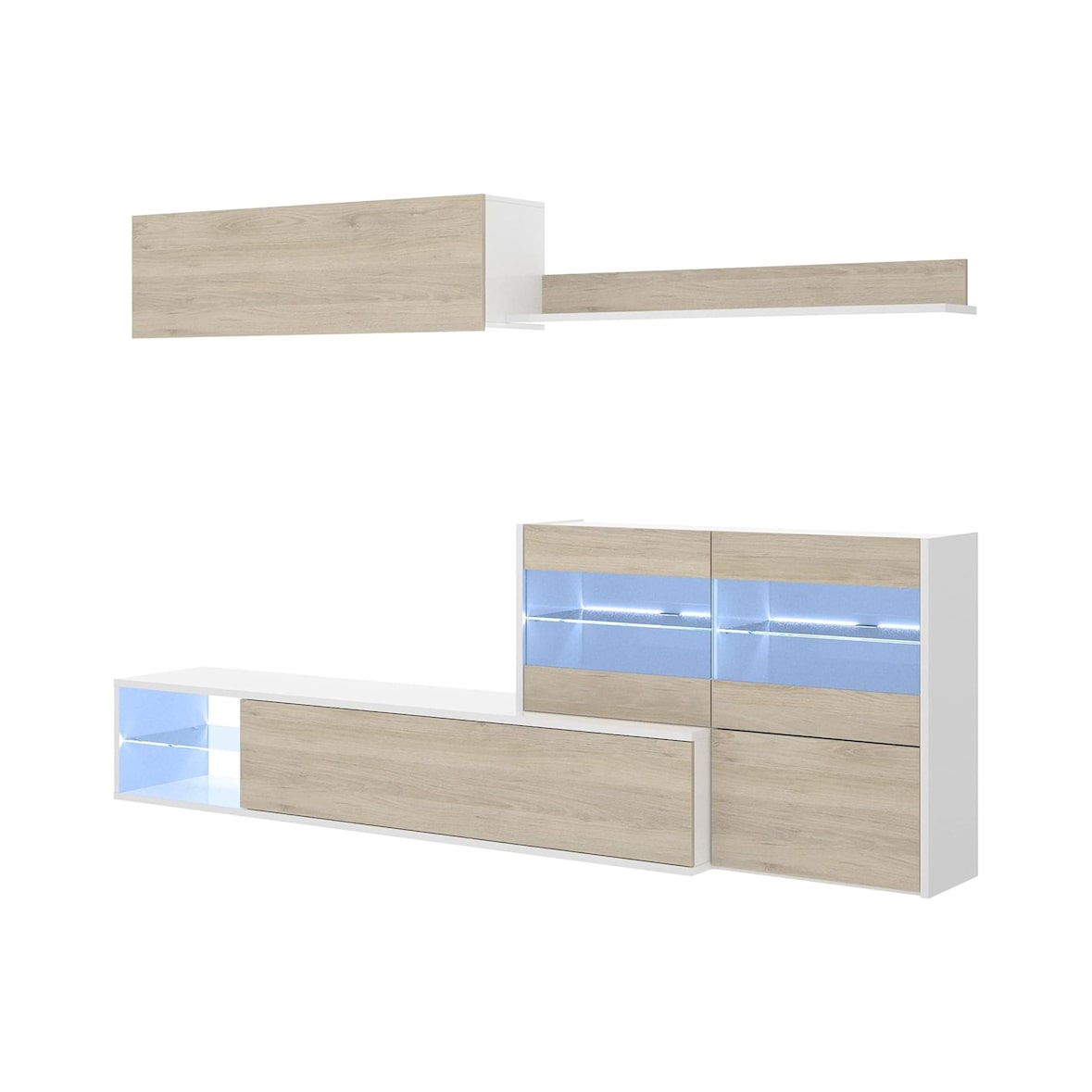 Dmora Parete attrezzata Adams, Set da soggiorno modulare ad angolo, Mobile salotto multiposizione con luce LED, 260x41h180 cm, Rovere e Bianco