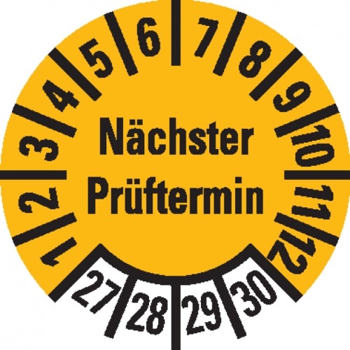 Dreifke® Prüfplakette Nächster Prüftermin 27-30, gelb, Dokumentenfolie, Ø 10mm, 128 St/Bogen