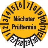 thumbnail of Dreifke® Prüfplakette Nächster Prüftermin 27-30, gelb, Dokumentenfolie, Ø 10mm, 128 St/Bogen