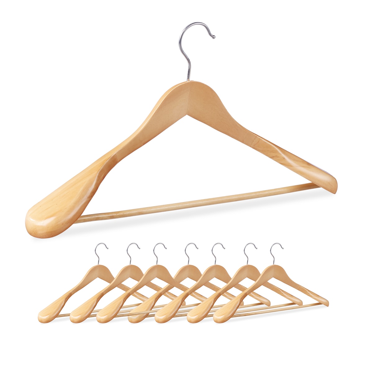 Relaxdays Anzug Kleiderbügel, 8er Set, breite Schulter, Hosenstange, für Jacke, Hemd, Hose, Holzkleiderbügel, natur