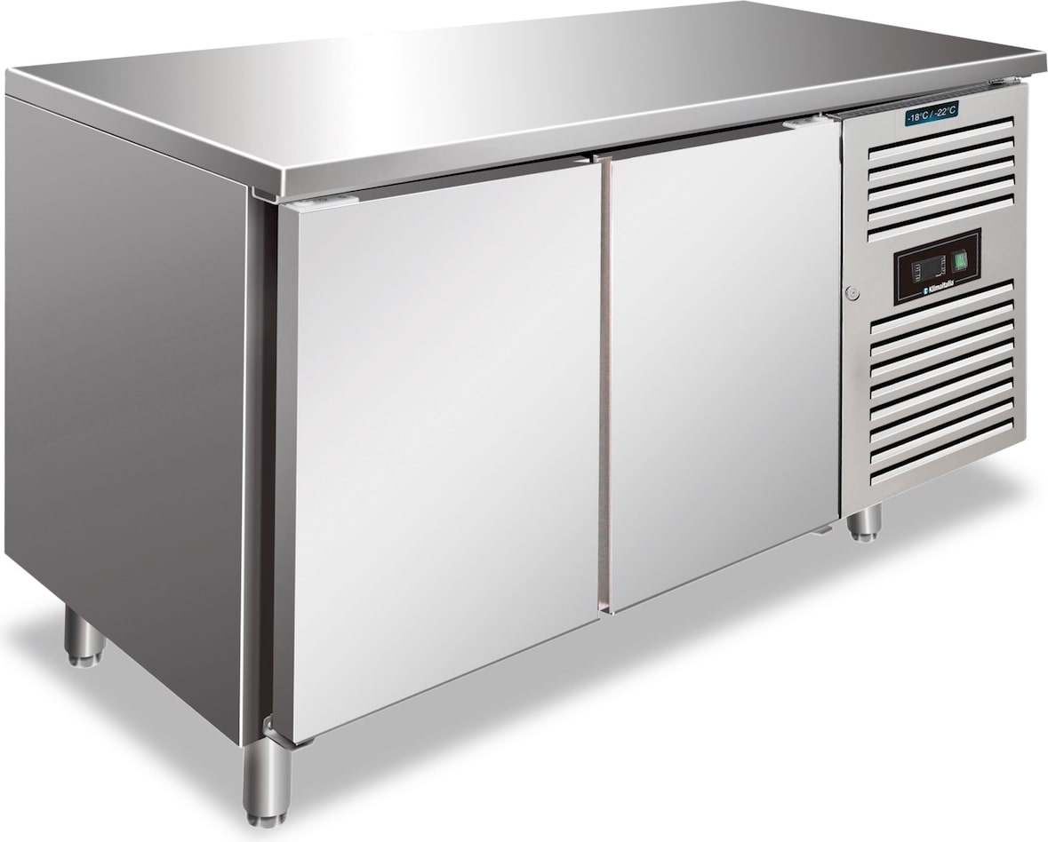 KLIMAITALIA Edelstahl-Gefriertisch mit 2 belüfteten Türen. Automatisches Auftauen. Temperatur -22°C/-18°C.  Maße LxWxH 136x60x86 cm. SNACK2100BTF