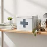 thumbnail of Relaxdays Medizinbox, 4 Fächer, entnehmbarer Einsatz, Hausapotheke Box, Metall, Griffe, HxBxT: 16 x 21 x 15,5 cm, weiß