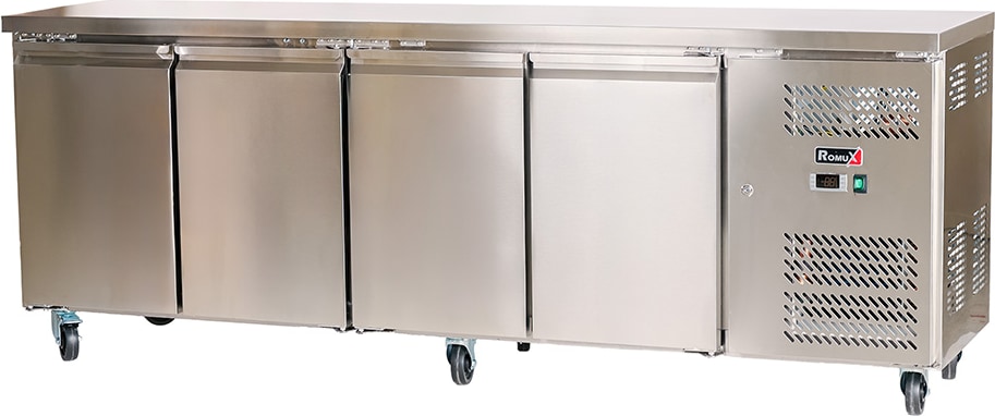 Romux® Tiefkühltisch mit 4 Türen 225x60 cm mit Luftkühlung | Theken Gefriertische aus Edelstahl mit Kapazität 449 L und Leistung 750 W