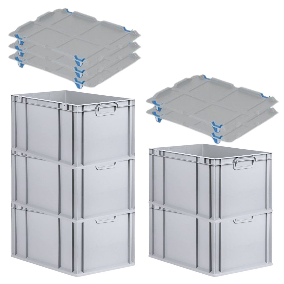 PROREGAL SparSet 5x Eurobox NextGen Grip mit Auflagedeckel & 4 blauen Verschlüssen, HxBxT 32x40x60cm, 65L, Grau, Griffe zu, Eurobehälter