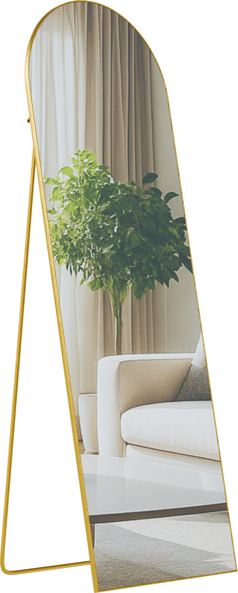 Ein goldener Standspiegel mit einem gebogenen Rahmen.