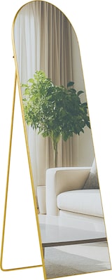 Ein goldener Standspiegel mit einem gebogenen Rahmen.