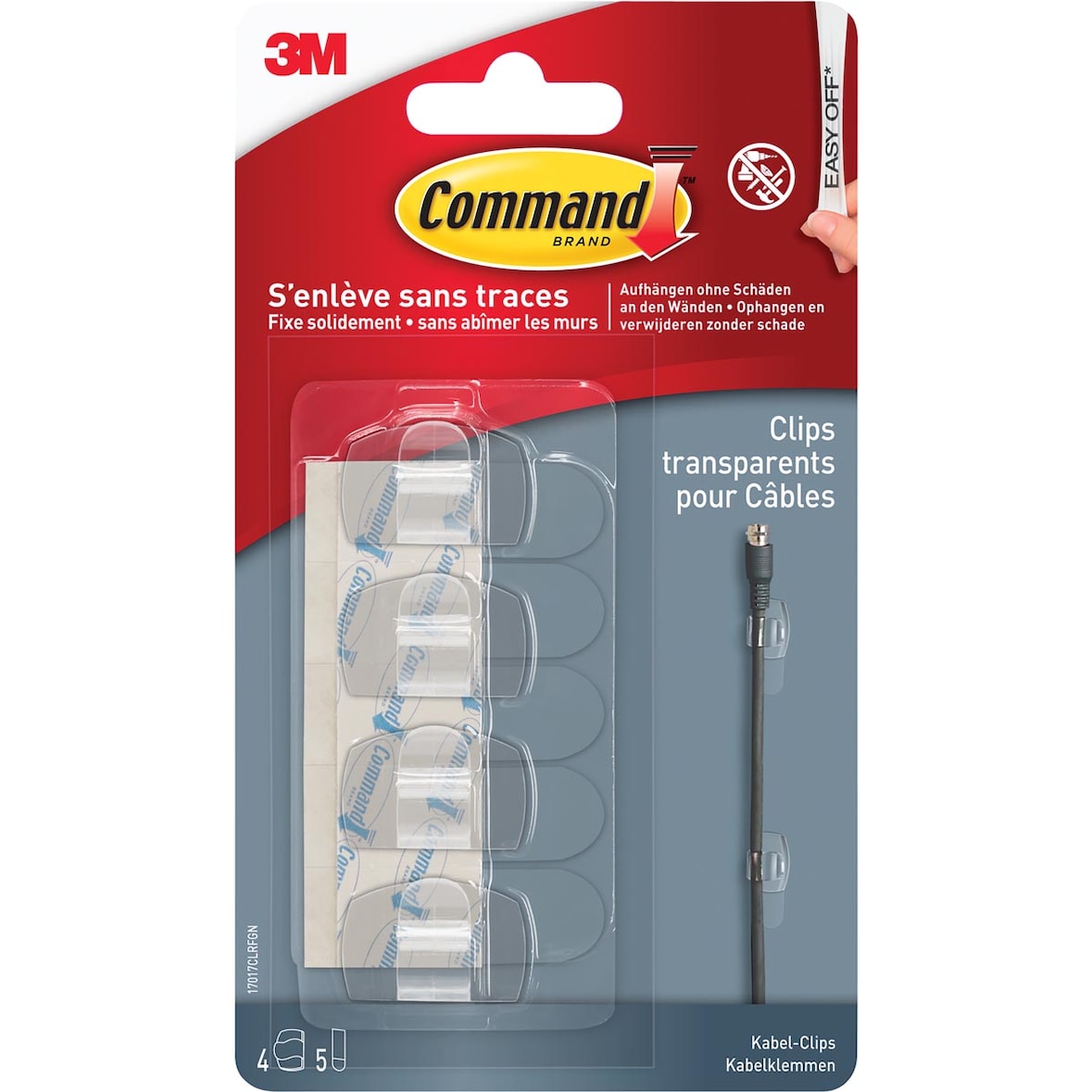COMMAND Blister de 4 clips serre-câble transparent Command™ en plastique montage mural 9.8x17.2x2.7cm