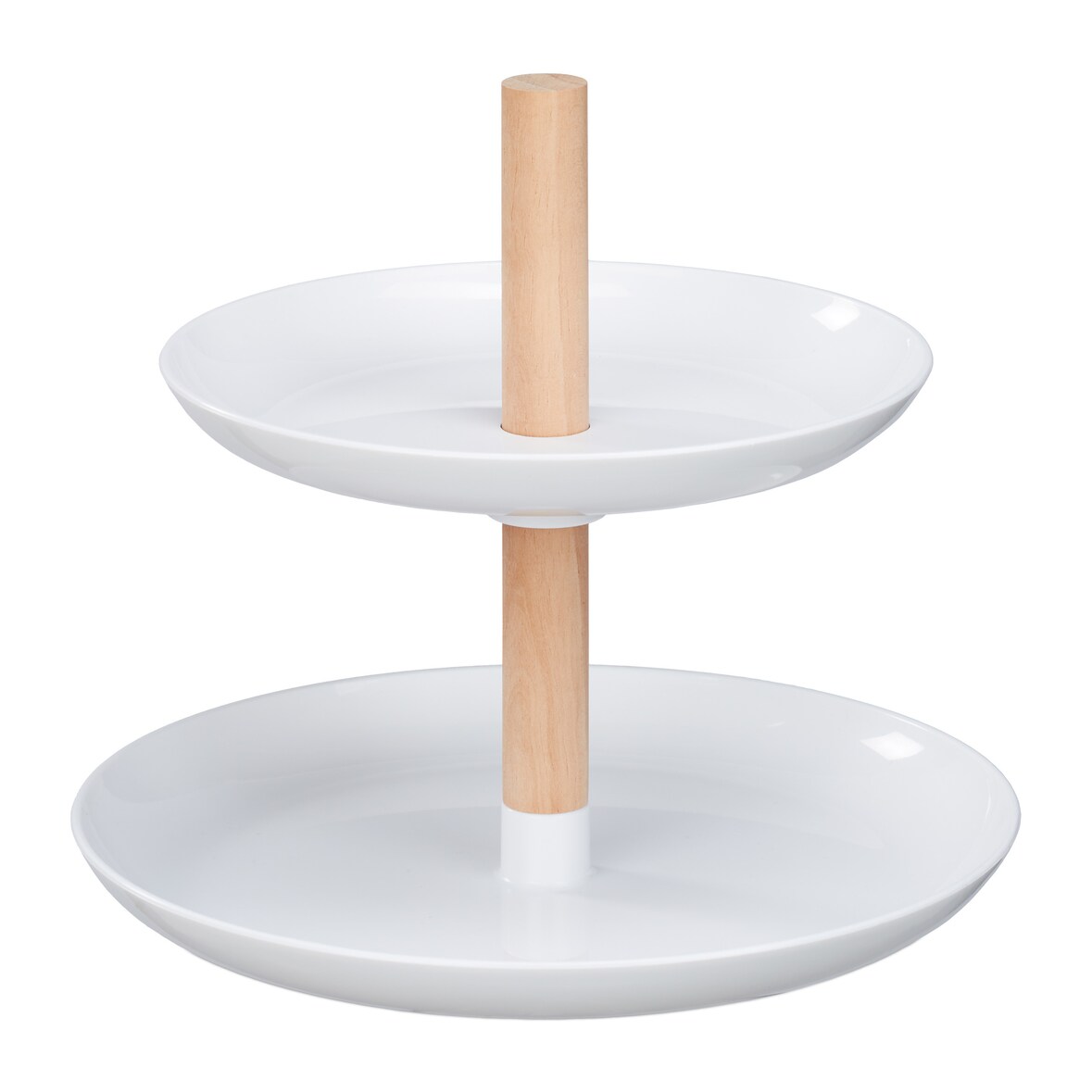 Relaxdays Etagere, 2 Etagen, Kunststoff & Holz, runder Servierständer, HxD 19x21 cm, Cupcake Ständer, modern, weiß/natur
