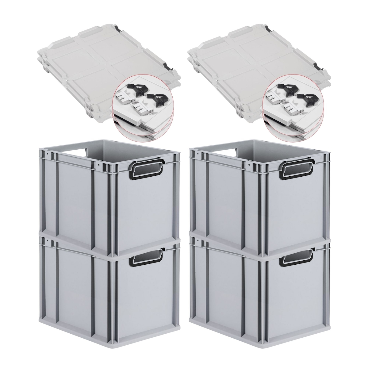 PROREGAL SuperSparSet 4x Eurobox NextGen Color mit Scharnierdeckel & Verschlüssen, HxBxT 32x30x40cm, 30L, Grau, Griffe schwarz offen, Eurobehälter