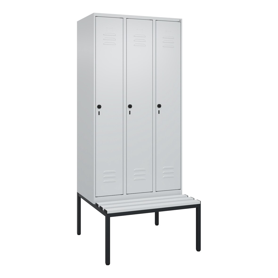 C+P Spind Classic PLUS, Kunststoff untergebaute Sitzbank, 3 Abteile, HxBxT 212x90x82cm, Sicherheitsdrehriegel, Hellgrau/Hellgrau von PROREGAL
