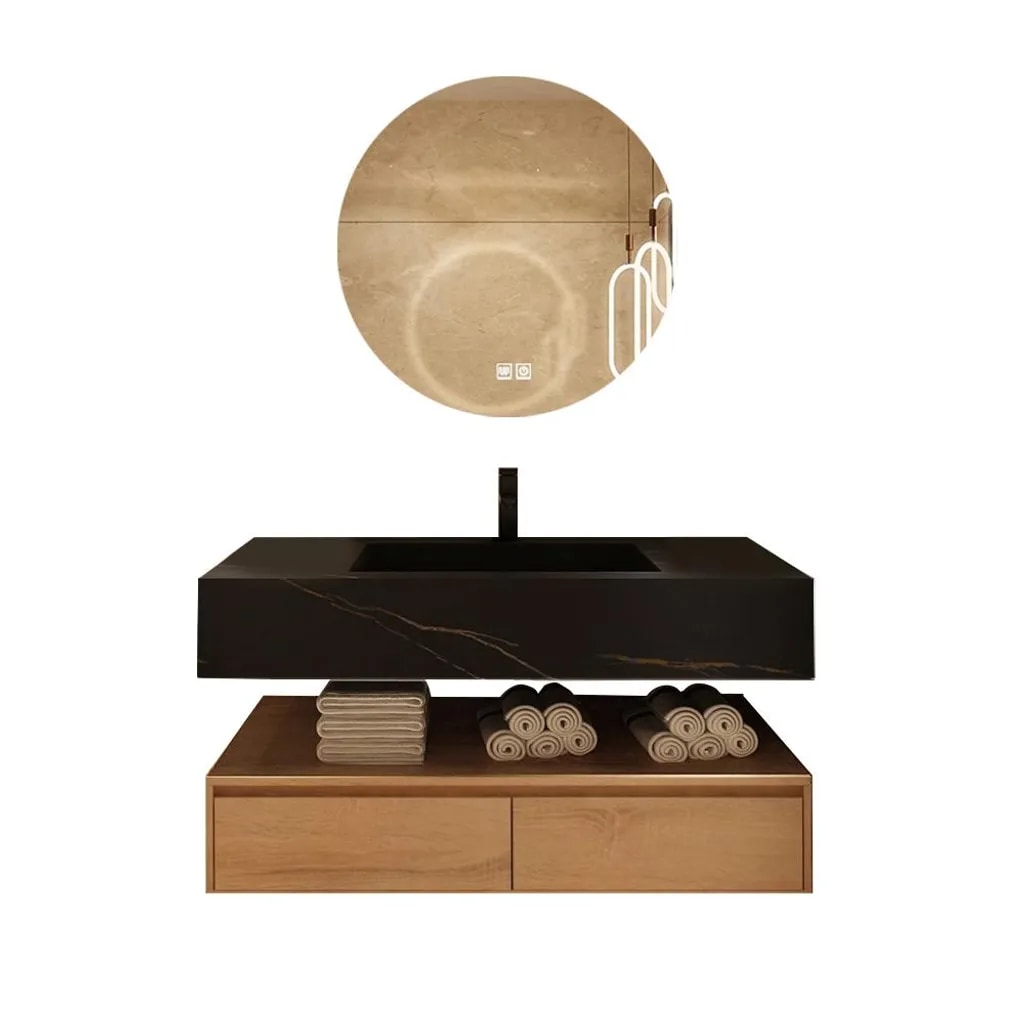 Modernes wandhängendes Badezimmermöbel-Set mit schwarzem Sinterstein-Waschbecken, rundem Spiegel, Unterschrank und Ablaufgarnitur 120×55 cm【HT72-120】