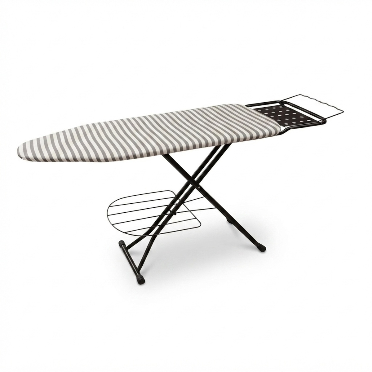 Relaxdays Bügelbrett für Dampfbügeleisen, 110x33 cm, höhenverstellbar, klappbar, Ablage, Bügeltisch gestreift, grau-weiß