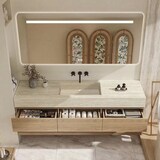 thumbnail of Wandhängendes Badmöbel-Set Travertin-Look mit Sinterstein Waschbecken Spiegel Unterschrank Ablage ohne Armaturloch 120×55 cm【YT9865-120 BKK】