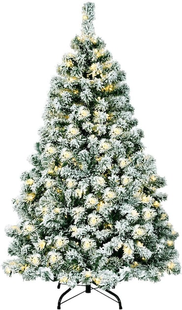 COSTWAY Albero di Natale Artificiale 180 cm con Neve e Luci LED Bianco Caldo, Albero di Natale con Supporto Metallico