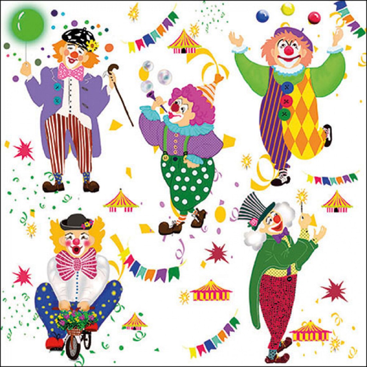 20 Servietten Papier 33x33cm 3-lag - hochwertige Einweg Papierservietten Clown Zirkus fröhlich Party Kindergeburtstag Luftballons Konfetti Dekoration
