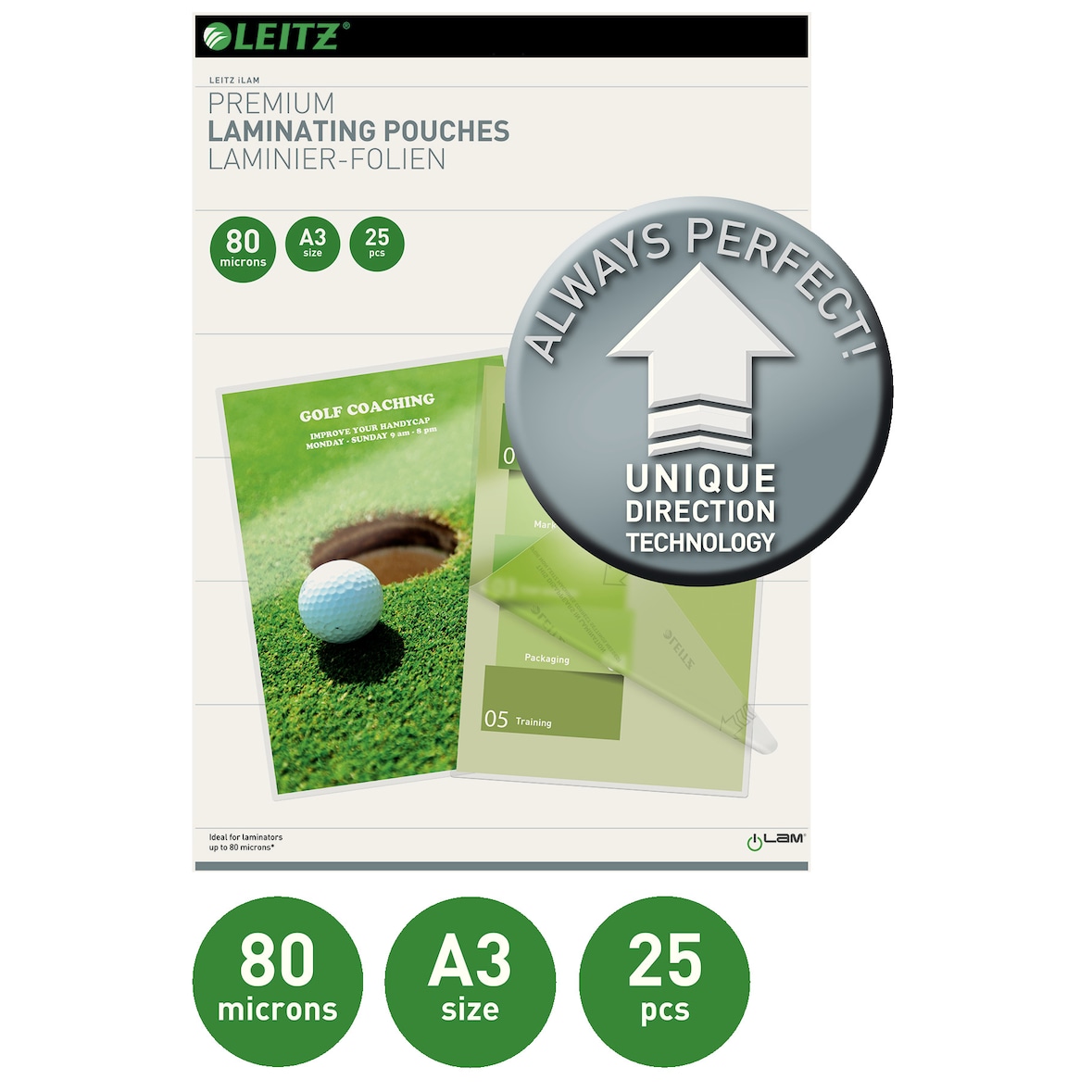 Leitz iLAM Premium Laminierfolien DIN A3 Glänzend 80 Mikron (2 x 80) Transparent 25 Stück