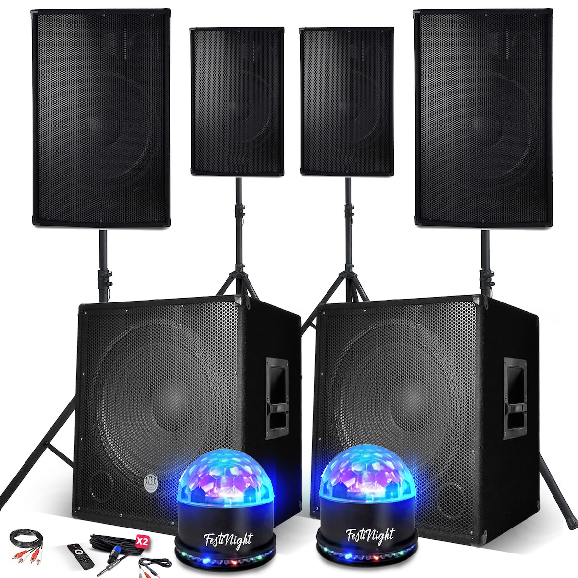 Système Sonorisation Complet 4400W, 4 Enceintes 2 MEGA SUB 38cm USB/BLUETOOTH CABLE PC, 2 ECLAIRAGES LED, Prestations SONO DJ PA