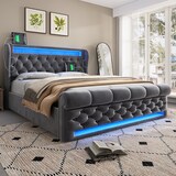 thumbnail of Modernes Schwarz LED-Polsterbett "Cloud" 140x200 cm aus Samt – Mit Couchtisch, Schublade & 16-farbiger LED-Beleuchtung