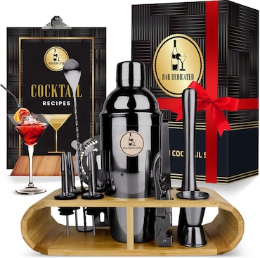 Bar Dedicated 16-delige cocktail shaker set (Zwart) – RVS met houten standaard & receptenboekje