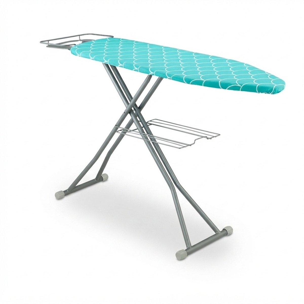 Relaxdays Bügelbrett für Dampfbügeleisen, 122 x 39,5 cm, höhenverstellbar, klappbar, Ablage, Bügeltisch, türkis/silber