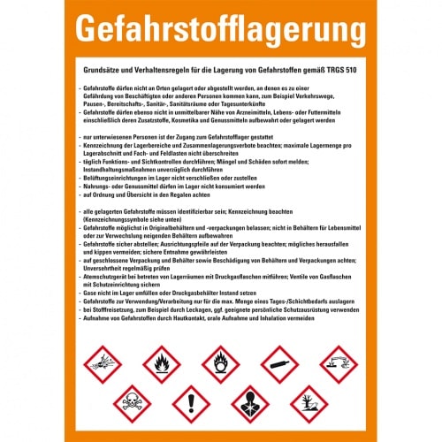 Schild I Aushang Grundsätze und Verhaltensregeln Gefahrstofflagerung, Kunststoff, 210x297mm