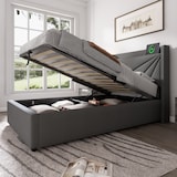thumbnail of Einzelbett Stauraumbett Bettgestell 90x200 mit USB TypC Ladefunktion Kopfteil Stauraum Eisenrahmen Massivholzlatten modern bequem grau