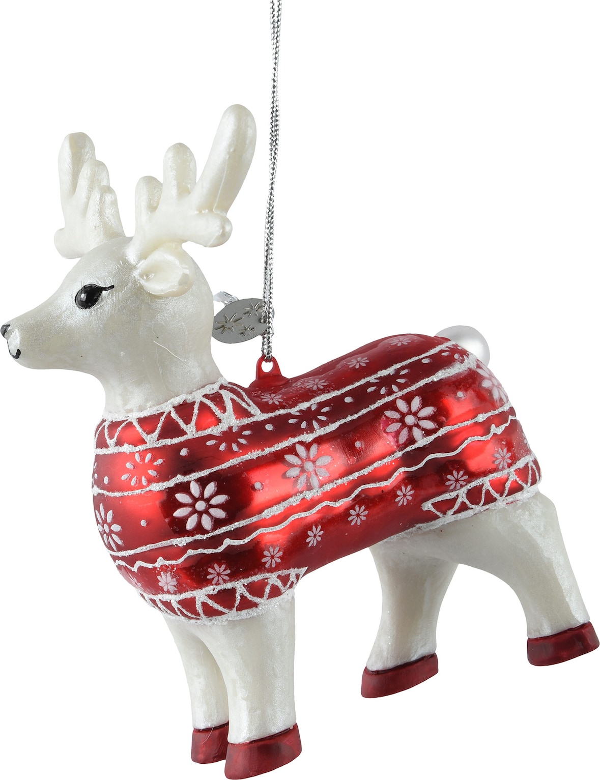Christbaumschmuck Glas 12cm Hirsch Figur zum Aufhängen - Weihnachtsbaum Anhänger Weihnachten Weihnachtsbaumschmuck mundgeblasen Winter Tiere Weiß Rot