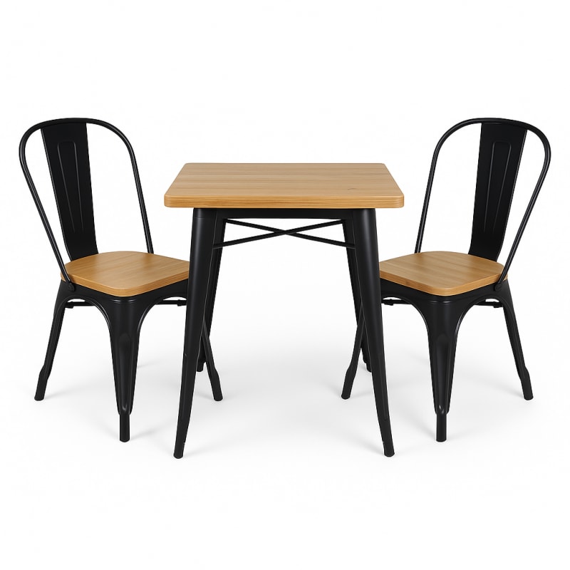 e Mesa y Sillas de Estilo Industrial, Metal Negro Mate y Madera Natural, 60x60cm - Design Factory