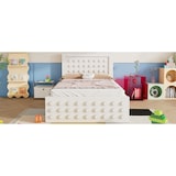 thumbnail of Holzbett Einzelbett 90x200 mit Schublade und Stauraum, Massivholzbett im Blockdesign, stabiles Bett mit Lattenrost, modernes Design Weiß