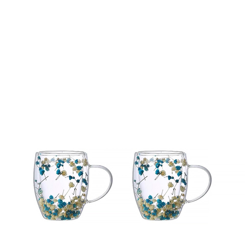 Tasses à thé double paroi fleurs bleues et blanches 350ml -lot de 2