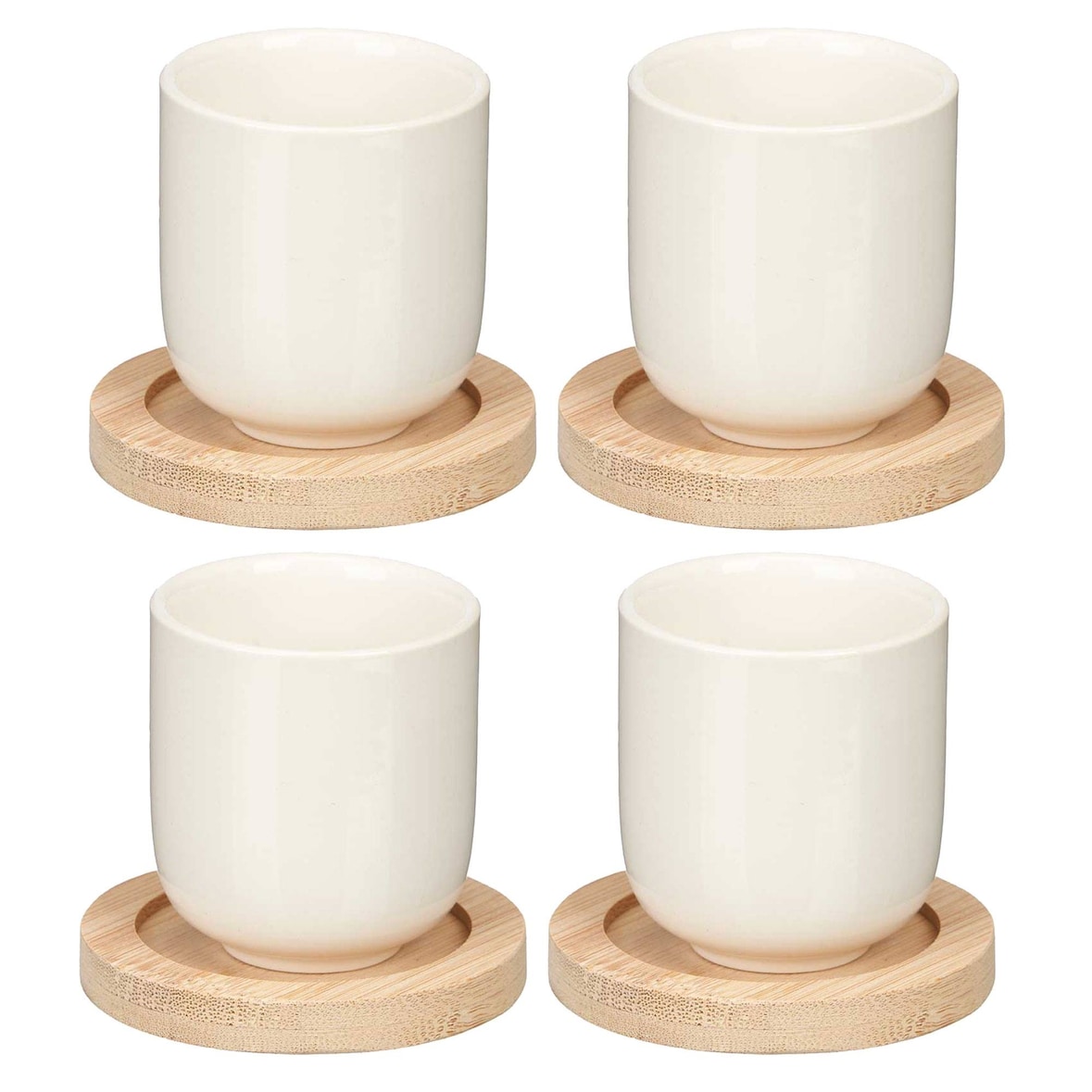 San Ignacio KINVARA - Set de 4 Vasos de Cerámica 5,5x6,5cm con Posavasos 8cm Blanco