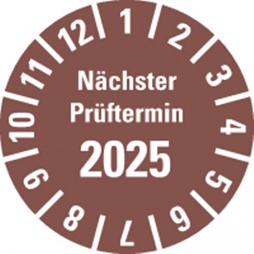 Dreifke® Prüfplakette Nächster Prüftermin 2025, braun, Polyesterfolie, Spez., Ø 20mm, 36 Stk.
