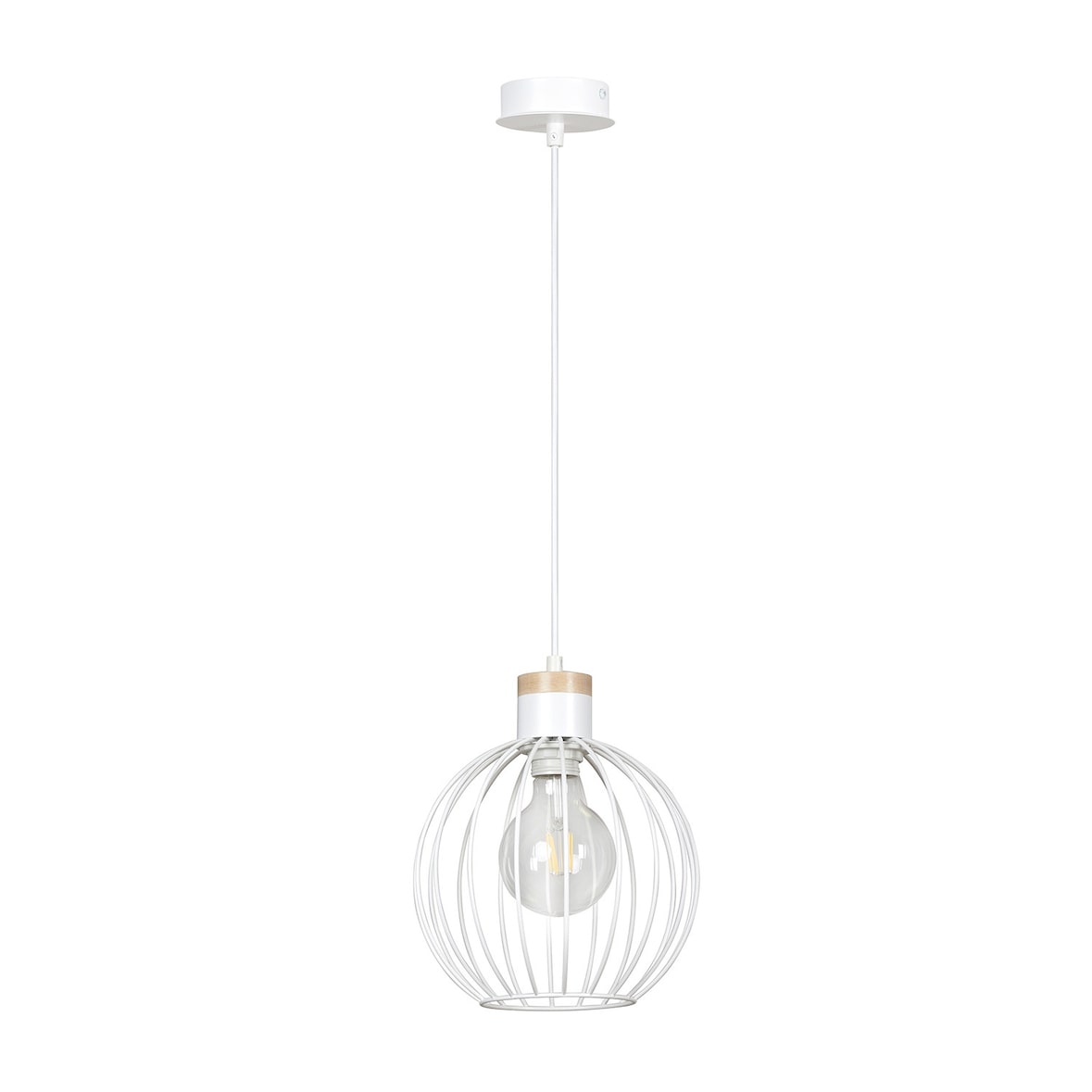 Sospensione 1 Luce Morgana Paralume A Gabbia In Acciaio Bianco E Legno Naturale