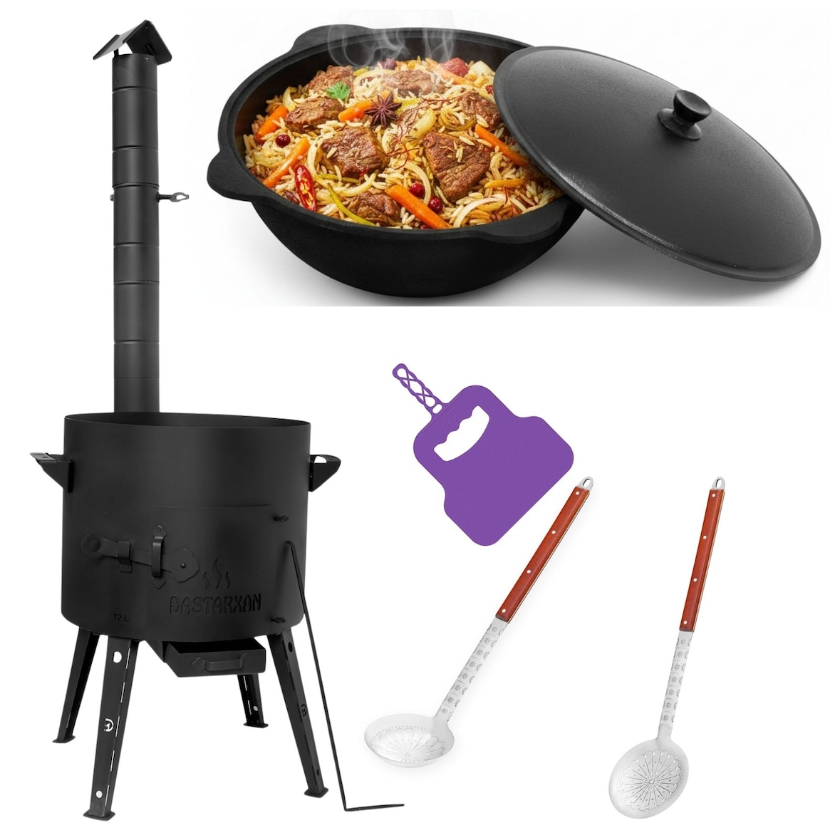 Ø49 Uchag 2mm Stahl Utschak mit Abzugsrohr 22L Kazan Grillfächer Schaumkelle Suppenkelle Utschak Utschag Kasan Feldküche Außenküche Eintopfofen Gulasc