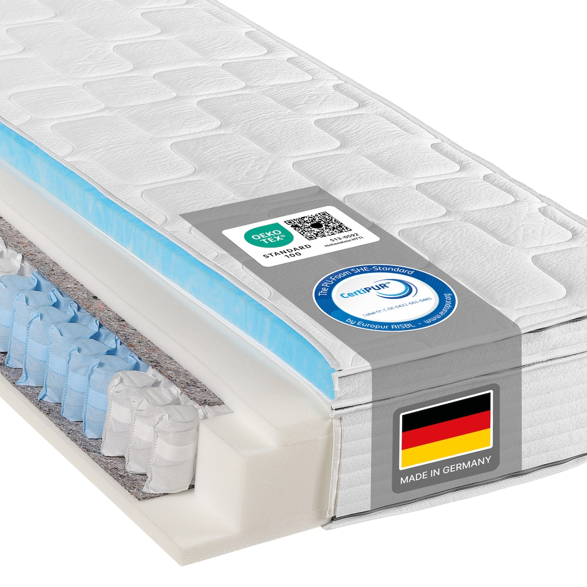 Federkernmatratze BeCo Diamant Plus, 26cm Höhe Gelschaum Topper fest integriert, kein Verrutschen - Größe: 100 x 200 cm, Härtegrad: H2 (0 kg - 100 kg)