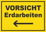 thumbnail of Vorsicht Erdarbeiten mit Richtungspfeil links Schild A4 (210x297mm)