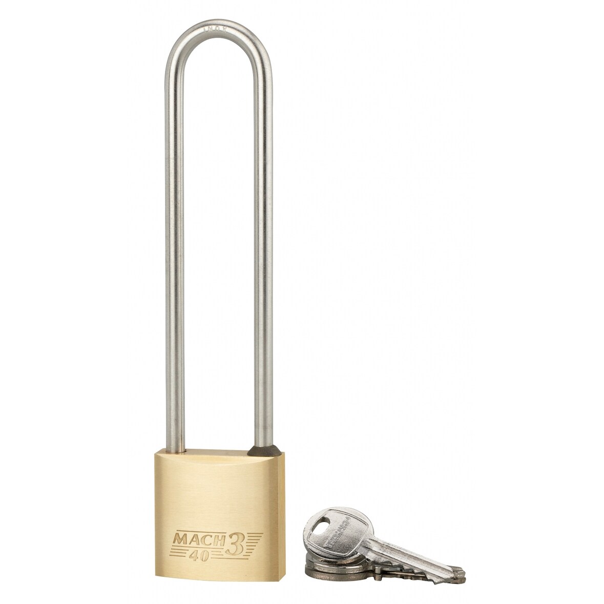 Cadenas à clé Mach 3, laiton, extérieur, anse haute acier, 40mm, 2 clés - THIRARD