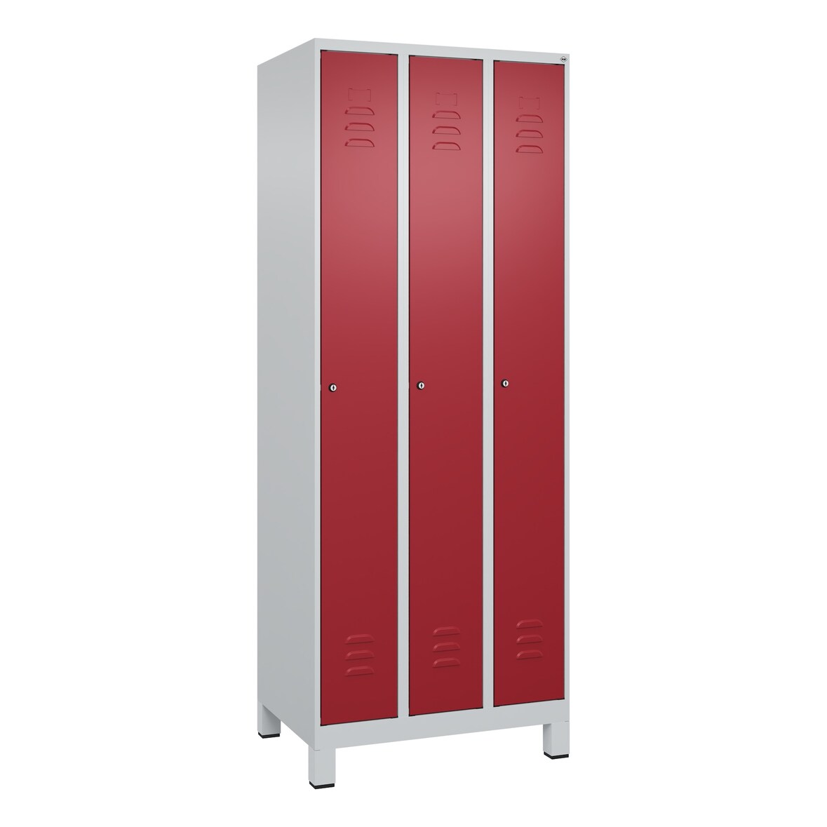 C+P Spind Classic PLUS, Füßen, 3 Abteile, HxBxT 195x75x50cm, Zylinderschloss, Hellgrau/Rubinrot von PROREGAL