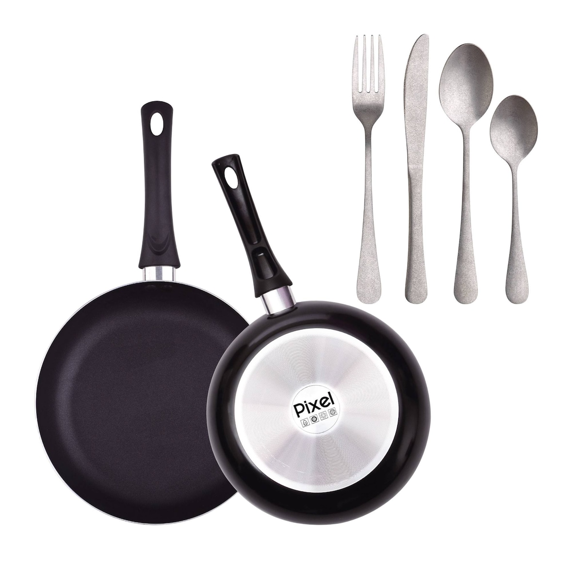 Chef sauce PIXEL - Conjunto de 2 frigideiras antiaderentes de alumínio prensado Ø20/Ø24cm com 16 talheres de aço inoxidável