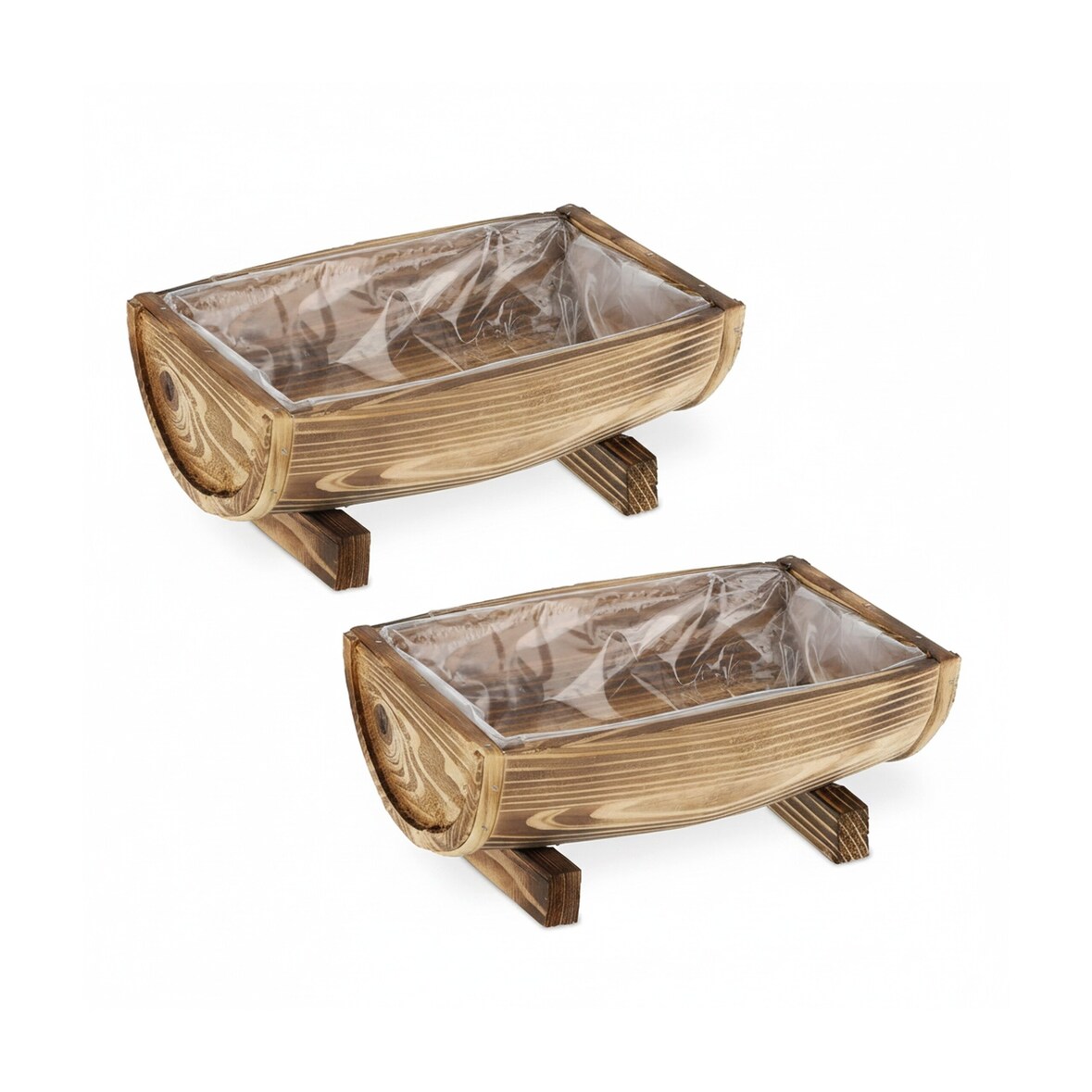Relaxdays Blumenkasten Holz, 2er Set Pflanzkasten, HBT: 12,5 x 29,5 x 20 cm, außen & innen, Pflanzfass mit Folie, braun