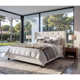 thumbnail of Polsterbett HWC-N59, Bett Doppelbett Bettgestell mit Lattenrost, Massivholz Stoff/Textil 180x200cm ~ creme-beige