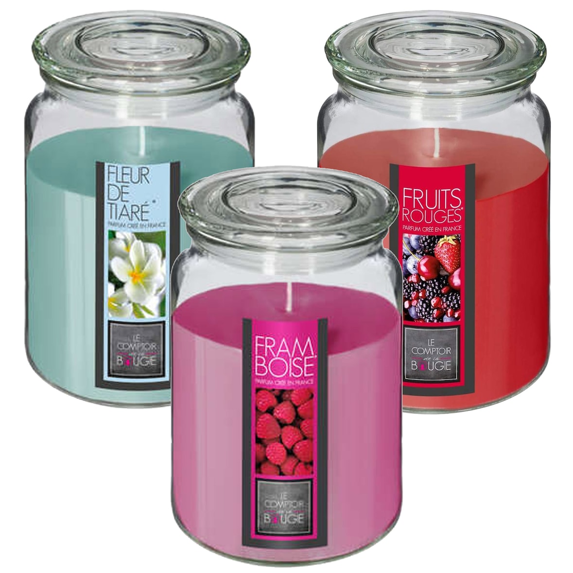 Comptoir - Set di 3 candele profumate in contenitore di vetro al lampone, frutti rossi e fiore di tiaré Ø10x14,5 cm