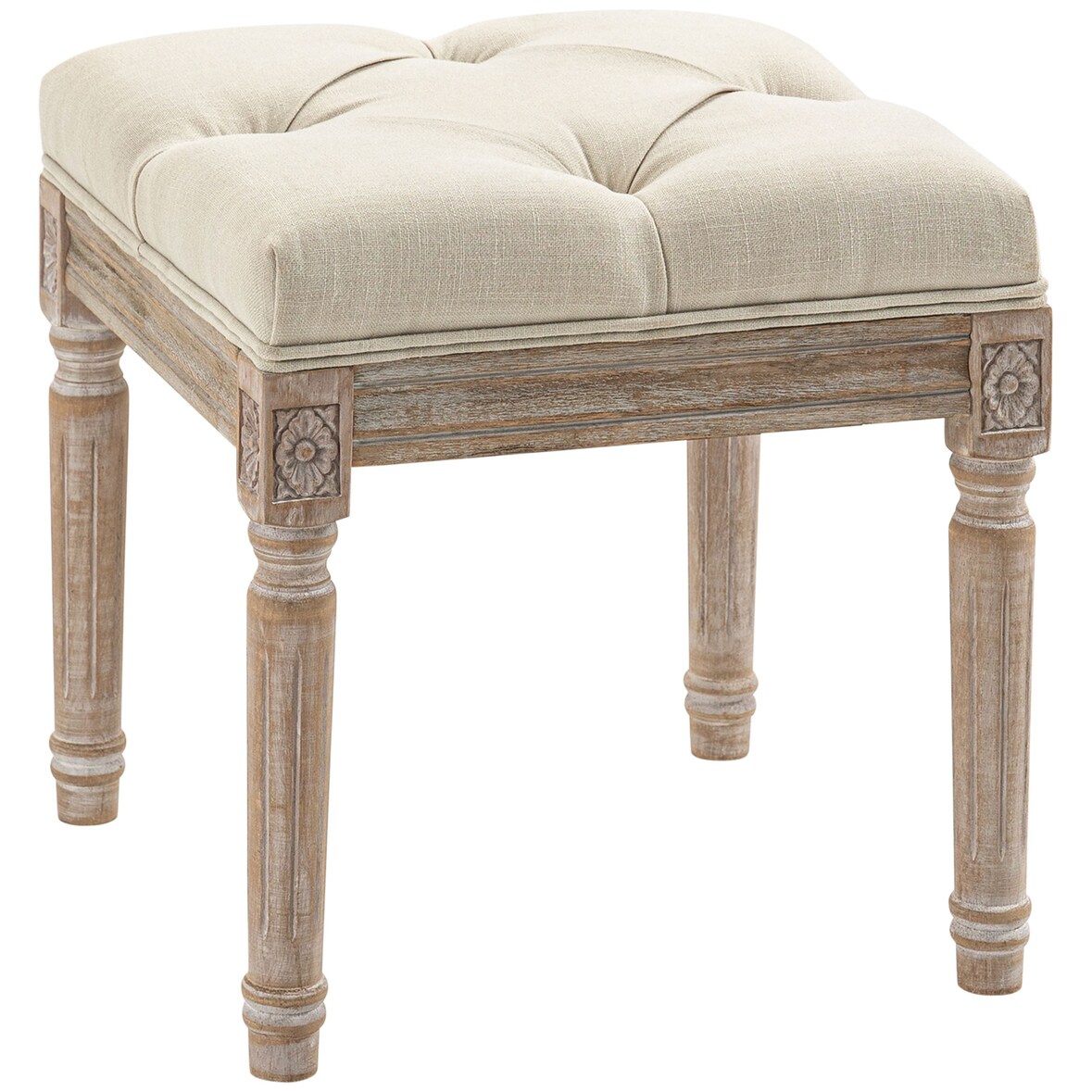 HOMCOM reposapiés de salón taburete bajo vintage otomana con asiento capitoné y patas talladas de madera para recibidor dormitorio 40x40x43 cm beige