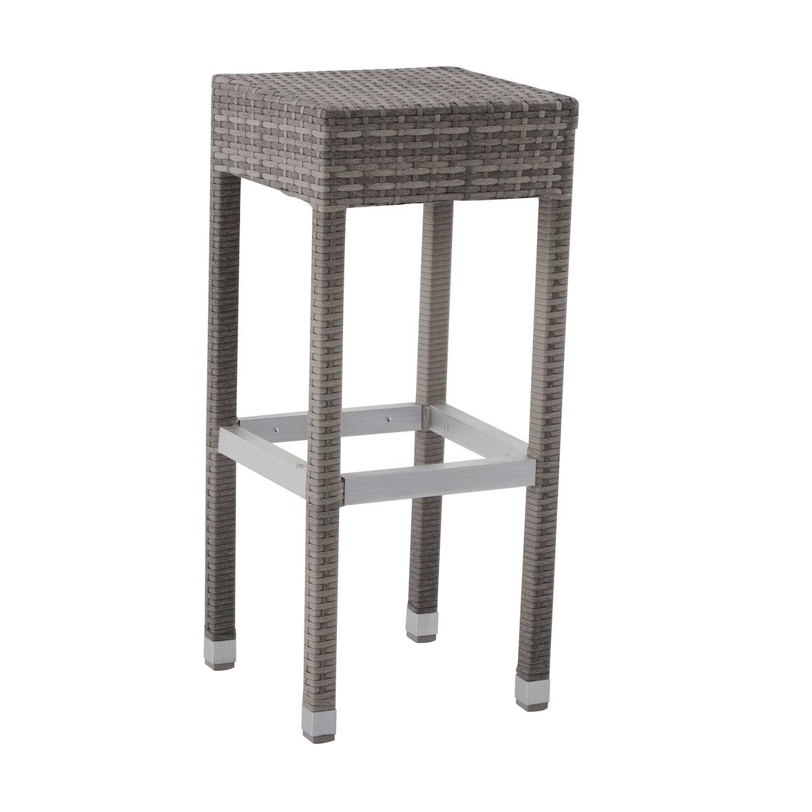 METRO Professional Taburete de bar Barbados, aluminio / ratán PE, 34 x 34 x 76 cm, con reposapiés, resistente a la intemperie, color piedra