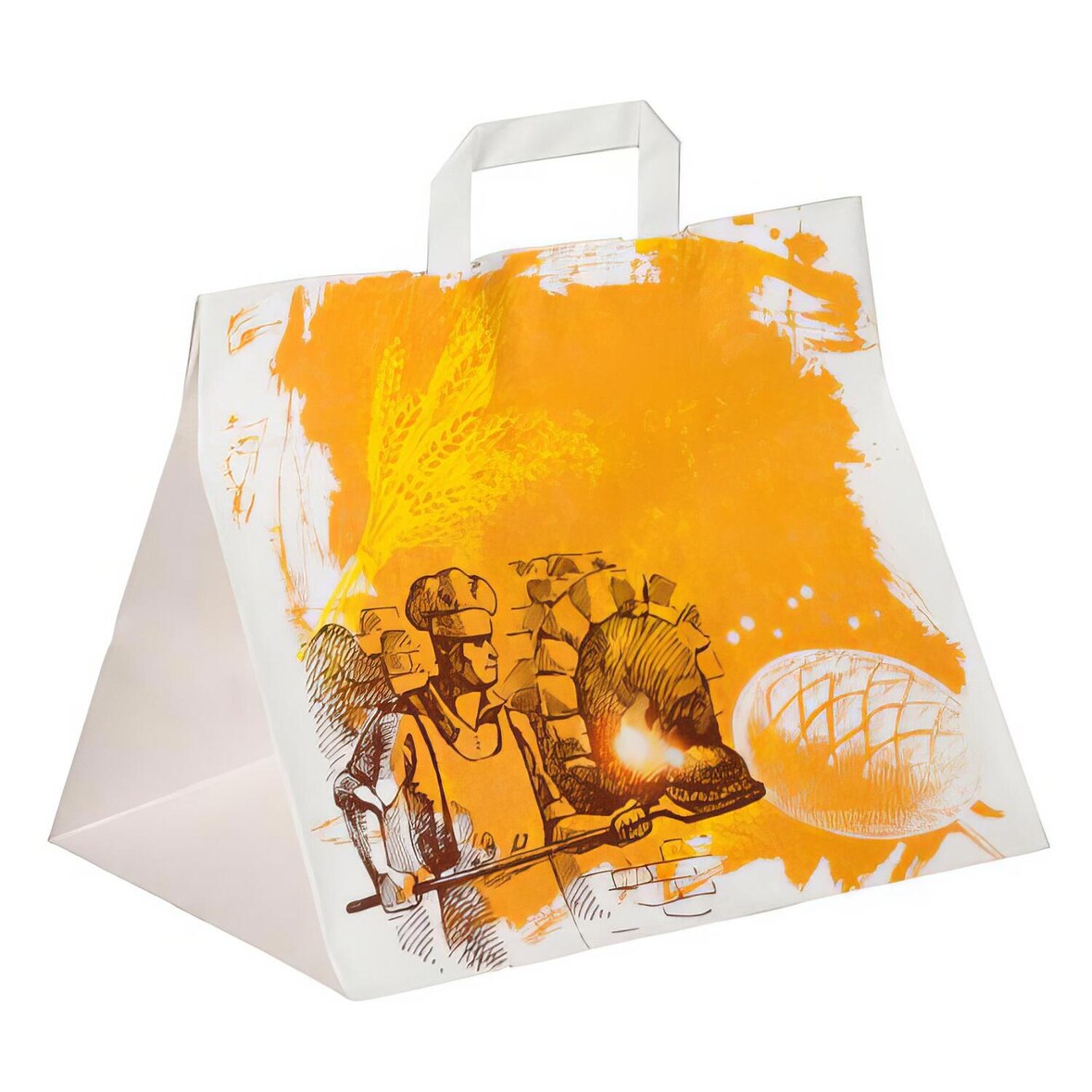 VEPATIM 250 Papiertragetaschen aus Kraftpapier Motiv Steinofen mit Flachhenkeln 320+220x270mm 80g weiß