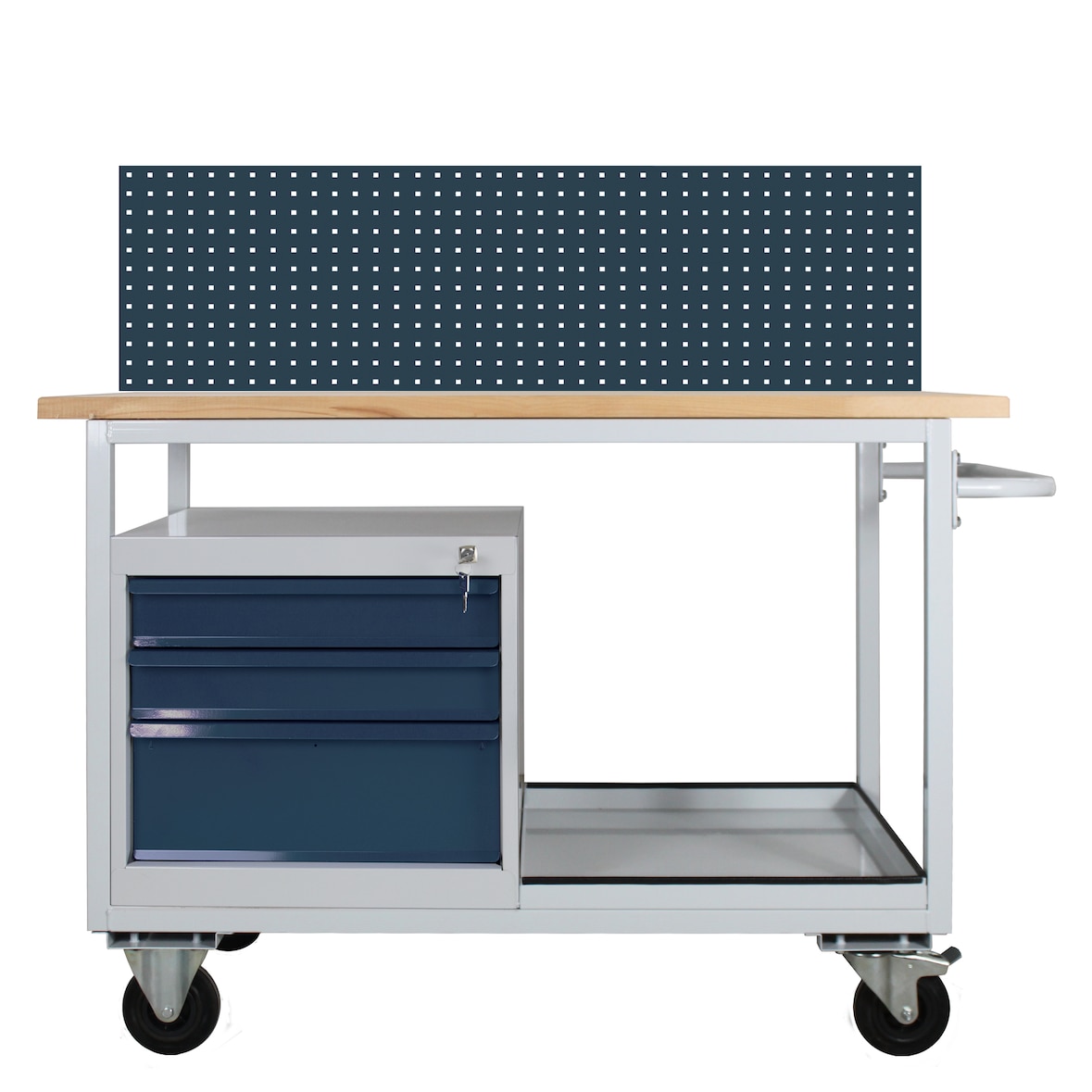 PROREGAL Mobile Werkbank Light Rhino mit Ablagefach, 3 Schubladen, Lochplatte, 4 Rollen | HxBxT 131x130x60cm, Traglast 300kg | Lichtgrau/Anthrazitgrau