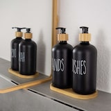 thumbnail of Intirilife 3-teiliges Seifenspender Set aus Glas in Schwarz mit Bambus Tablett - 500 ml Füllmenge - 17.5 x 8.8 x 20.6 cm - 2 Spender für Seife