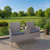 thumbnail of Poly-Rattan Sitzbank mit Tisch HWC-E24, Gartenbank Sitzgruppe Gartensofa, 132cm ~ grau, Kissen dunkelgrau